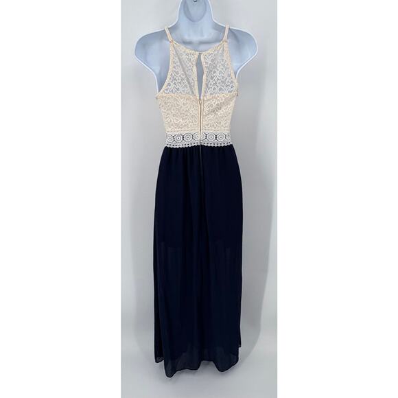 IZ Byer Women's Cream and Navy Long Lace Dress - Size S - Picture 4 of 9